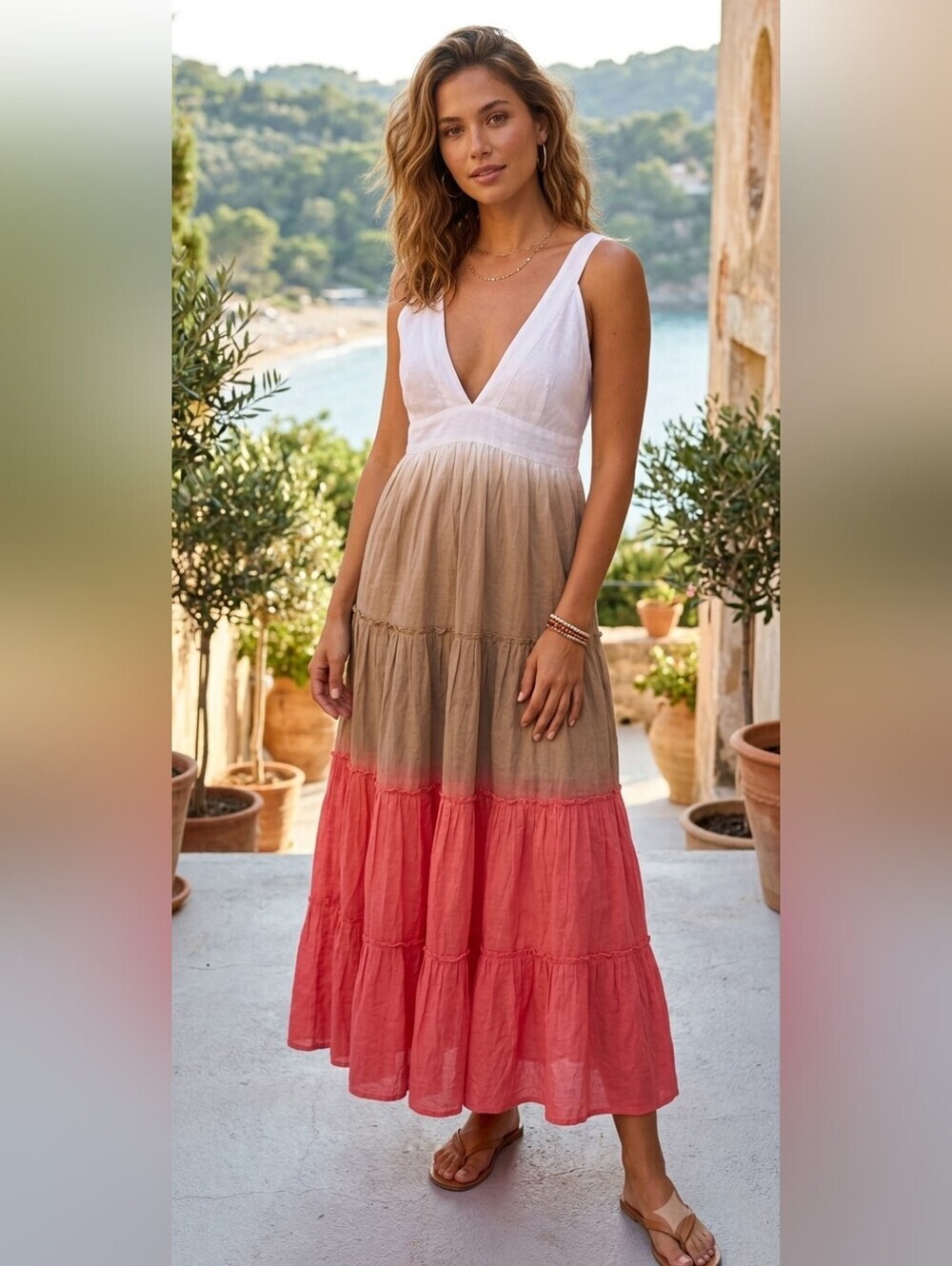 AREA Colorblock V-Neck Maxi Dress in White, Taupe & Coral